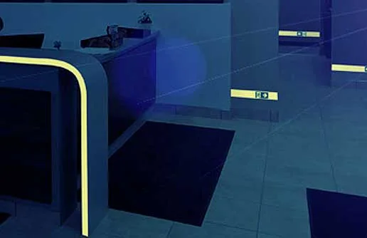 Glow in the Dark Photoluminescent Evacuation Pathway And warning signs