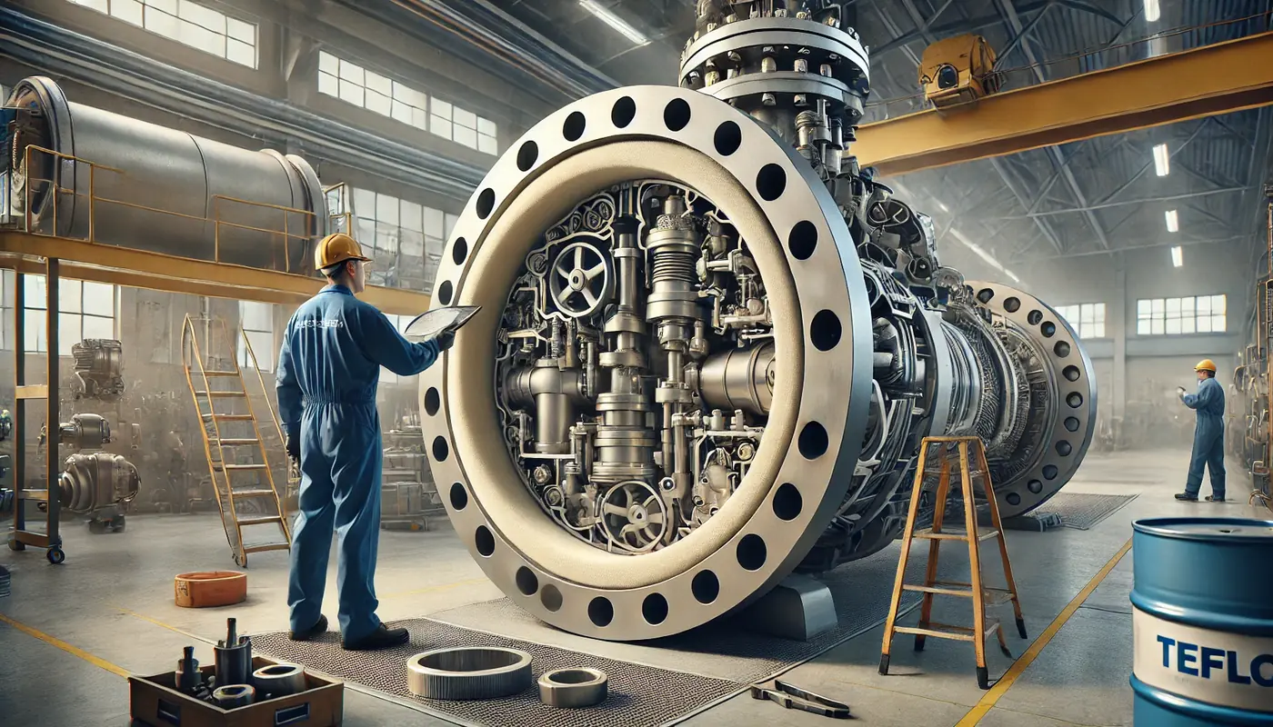 Technician inspecting a large industrial valve